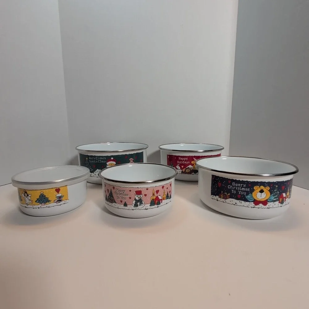 Vintage Christmas Enamel Nesting Storage Bowls - Set Of - 5 Great Condition - Picture 4 of 10